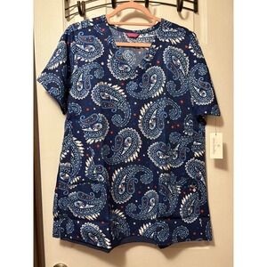 Vera‎ Bradley Women Navy Blue Paisley Star V-Neck Scrub Top V6417X Size 2XL NWT